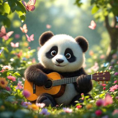 The primary subject of the image is a panda bear sitting in a field of flowers, holding a guitar. The setting is a lush, colorful garden with a variety of flowers surrounding the panda. The visual style is a combination of digital art and illustration, creating a whimsical and playful atmosphere. The colors and mood are vibrant and cheerful, with the panda and the flowers creating a sense of joy and creativity.